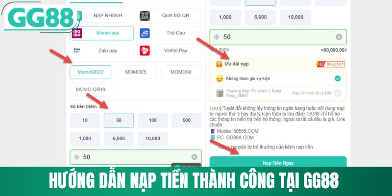 Các bước nạp tiền thành công qua hệ thống GG88